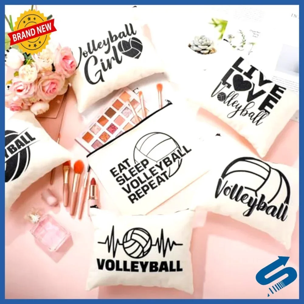 Volleyball Themed Canvas Tote and Cosmetic Bags Set Sports Team Gift Travel